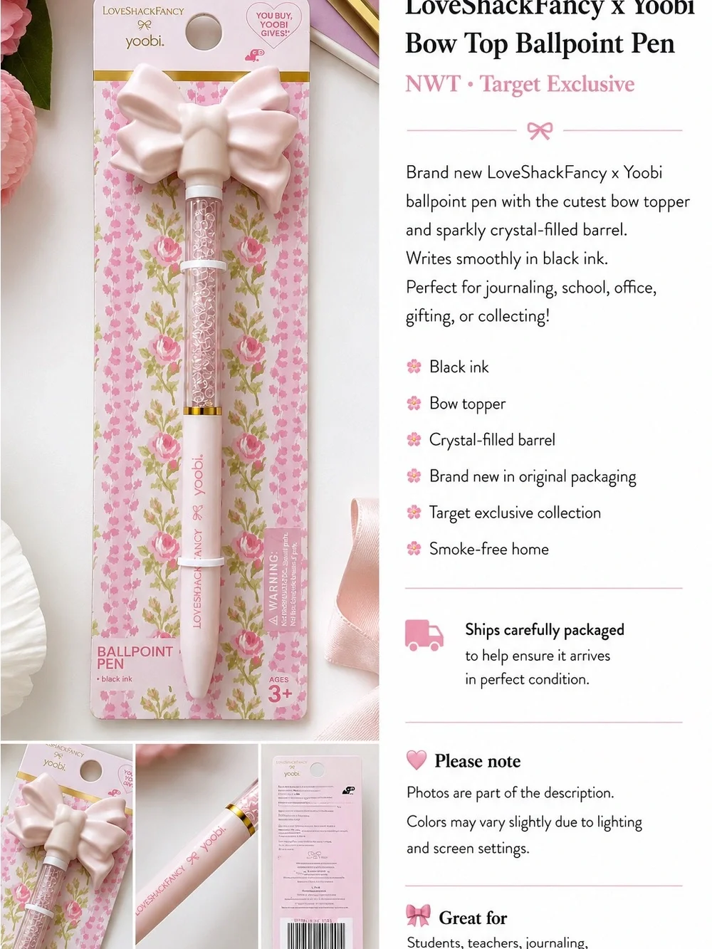 LoveShackFancy x Yoobi Bow Ballpoint Pen Pink Crystal Pen NWT